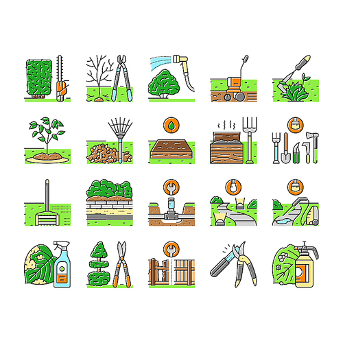 garden maintenance mulching icons set vector. pruning mulching, fertilizing watering, mowing edging, planting trimming, aerating garden maintenance mulching color line illustrations