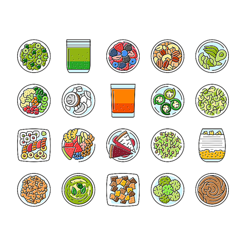 raw foodism food organic icons set vector. vegan detox, cleanse nutrition, superfoods enzymes, sprouts juicing, smoothies raw foodism food organic color line illustrations