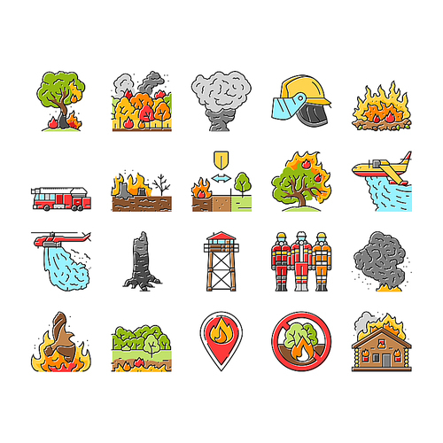 wildfire blaze firestorm burn icons set vector. inferno flames, smoke heat, evacuation forest, ember ash drought, spark wildfire blaze firestorm burn color line illustrations