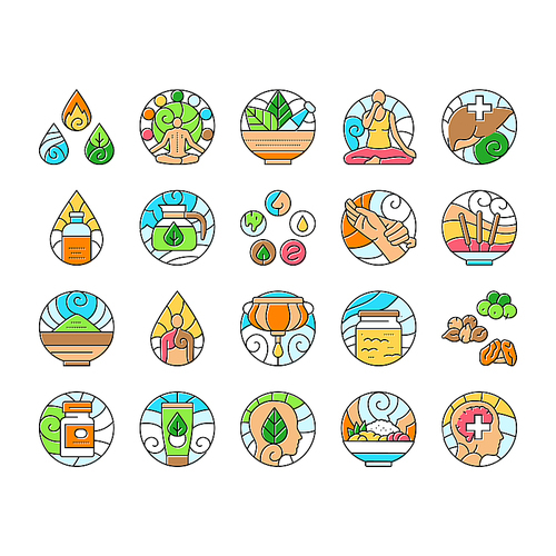 ayurveda dosha vata pitta icons set vector. kapha prakriti, panchakarma rasayana, sattva rajas, tamas, agni ama, ojas, dhatu ayurveda dosha vata pitta color line illustrations