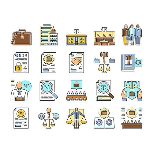 corporate law compliance icons set vector. corporation governance, merger acquisition liability contract, litigation regulation corporate law compliance color line illustrations