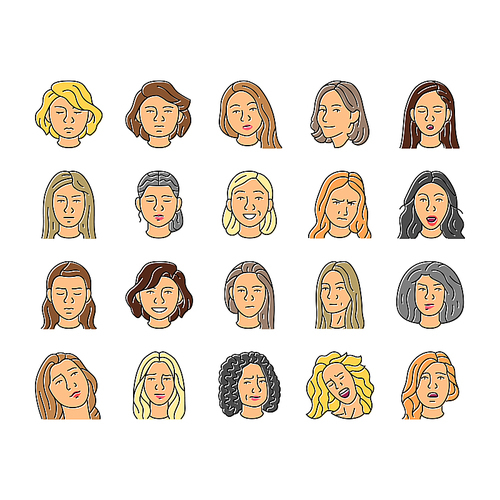 facial expression female smile icons set vector. pout smirk, glare wink, blush scowl, grin sneer, beam, grimace pout, sulk, glower facial expression female smile color line illustrations