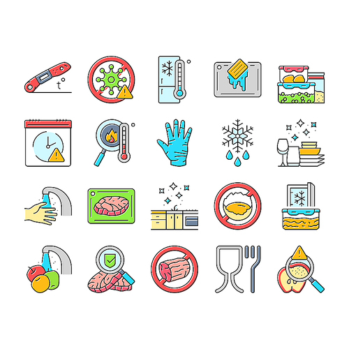 food safety hygiene inspection icons set vector. contamination inspection, regulation bacteria, pathogens allergens, contamination food safety hygiene inspection color line illustrations