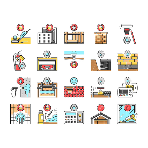 home maintenance cleaning icons set vector. plumbing roofing insulation, landscaping pest, hvac electrical, flooring siding home maintenance cleaning color line illustrations