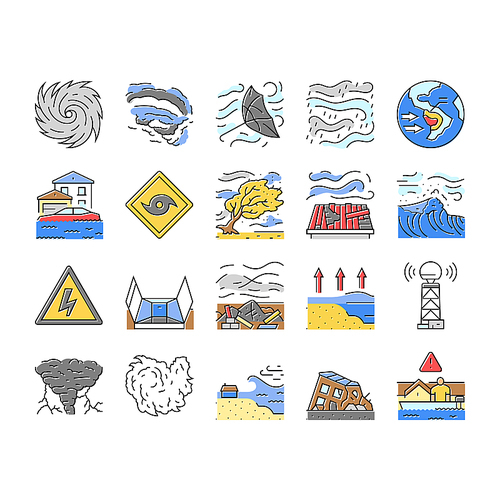 hurricane cyclone storm wind icons set vector. typhoon rain, surge flood, eyewall vortex, pressure tropical, gust, landfall warning hurricane cyclone storm wind color line illustrations