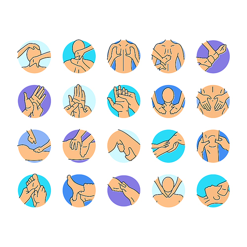 massage therapy relaxation icons set vector. wellness healing, therapy stress, tension, rejuvenation holistic, bodywork, spa massage therapy relaxation color line illustrations