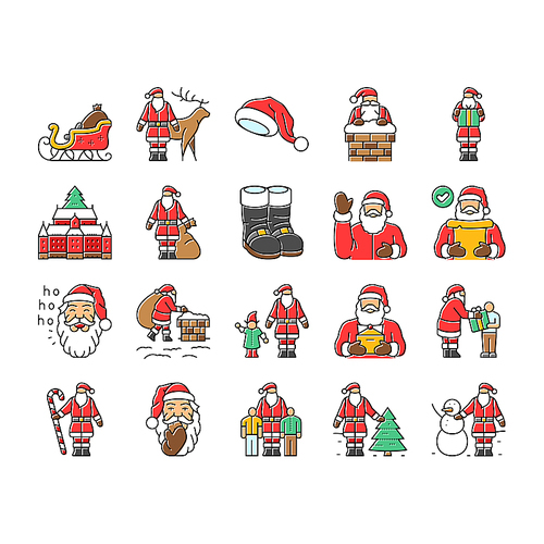 santa claus christmas reindeer icons set vector. sleigh northpole, elves gifts, jolly chimney, naughty nice tradition holiday festive santa claus christmas reindeer color line illustrations