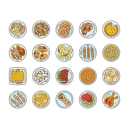 chicken dishes roast grilled icons set vector. fried baked, barbecue teriyaki, curry, casserole parmesan, piccata marsala, tandoori chicken dishes roast grilled color line illustrations