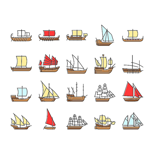 ancient ship maritime vessel icons set vector. navigation exploration, trade archaeology, discovery seafaring, shipwreck galleon ancient ship maritime vessel color line illustrations