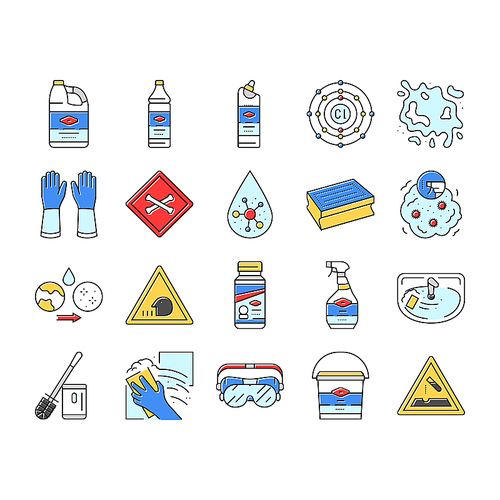 bleach disinfect clean germicide icons set vector. sterilize purify, hygiene cleanse, bacteria virus, pathogen deodorize, sanitize bleach disinfect clean germicide color line illustrations