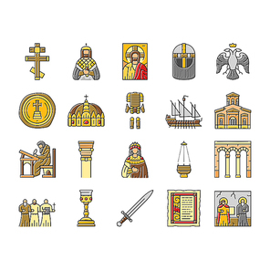 byzantium empire justinian icons set vector. hagia theodora, mosaics orthodox, iconoclasm nicaea, heraclius procopius, greek byzantium empire justinian color line illustrations