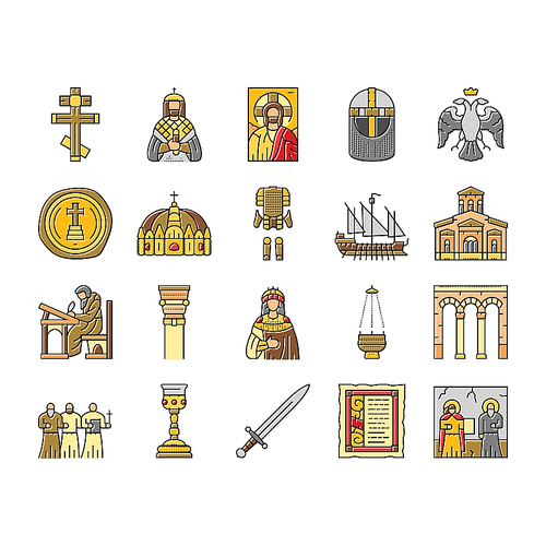 byzantium empire justinian icons set vector. hagia theodora, mosaics orthodox, iconoclasm nicaea, heraclius procopius, greek byzantium empire justinian color line illustrations