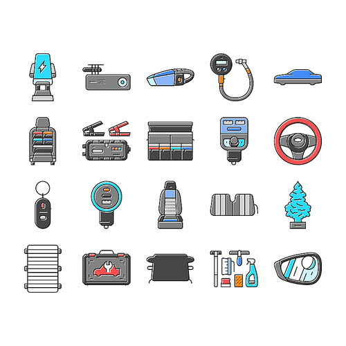 car accessories seat cover icons set vector. phone mount, dash cam, vacuum cleaner, tire pressure gauge, freshener car accessories seat cover color line illustrations