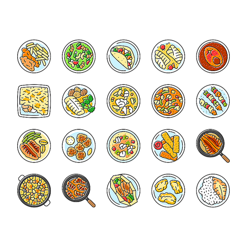 fish dishes icons set vector. chips ceviche tacos baked cod curry pie poached soup stew kebabs blackened cakes fish dishes color line illustrations