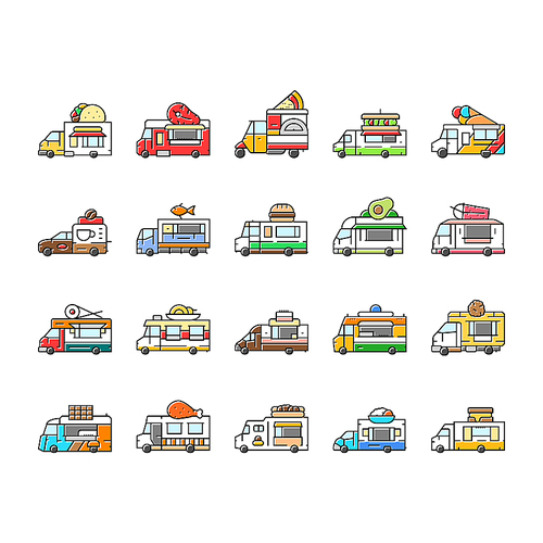 food truck street mobile cuisine icons set vector. gourmet vendor, festival tacos, burgers fusion, bbq pizza, vegan, fries, dessert food truck street mobile cuisine color line illustrations