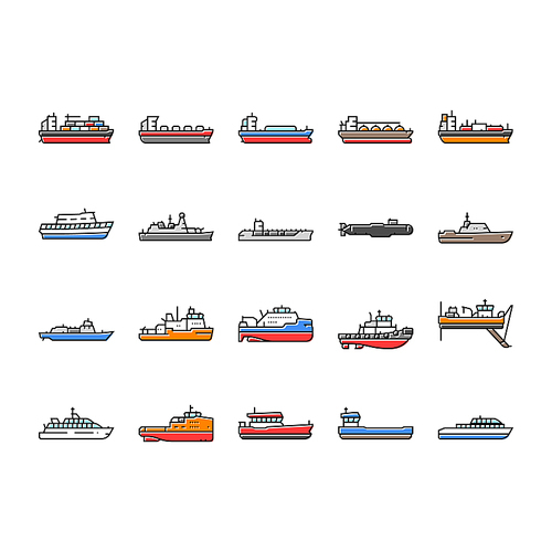 ship cargo maritime navigation icons set vector. deck hull, port starboard, stern bow, keel mast, sail captain, crew, voyage, dock ship cargo maritime navigation color line illustrations