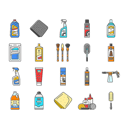 car care detailing wash icons set vector. wax polish, vacuum tires, engine maintenance, cleaning interior, exterior, shine car care detailing wash color line illustrations