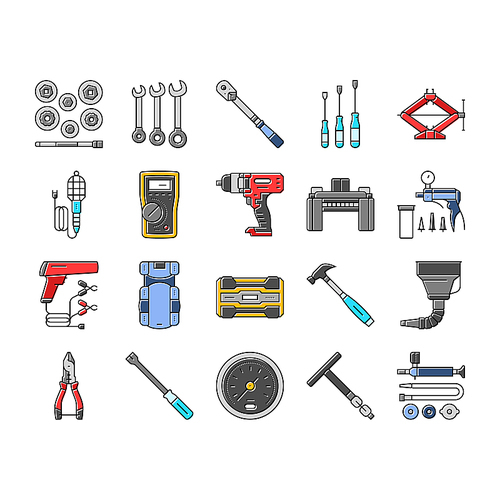 car repair tools wrench icons set vector. socket ratchet, pliers jack, lift screwdriver, multimeter, compressor, torque car repair tools wrench color line illustrations