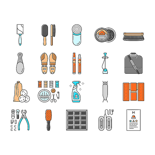 clothes care laundry ironing icons set vector. folding washing, drying stain, detergent fabric, softener, bleach, hangers steam clothes care laundry ironing color line illustrations