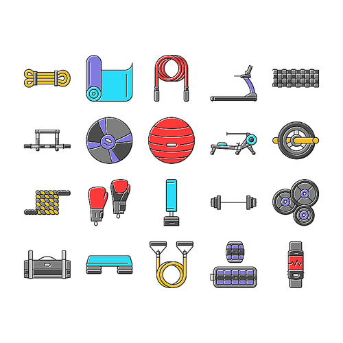 fitness tool dumbbell kettlebell icons set vector. treadmill barbell, resistance band jump rope, yoga mat, foam roller, medicine ball fitness tool dumbbell kettlebell color line illustrations