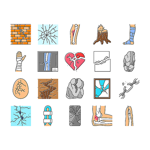 fracture bone break injury icons set vector. healing cast, splint pain, trauma orthopedic ray, diagnosis, treatment, recovery fracture bone break injury color line illustrations