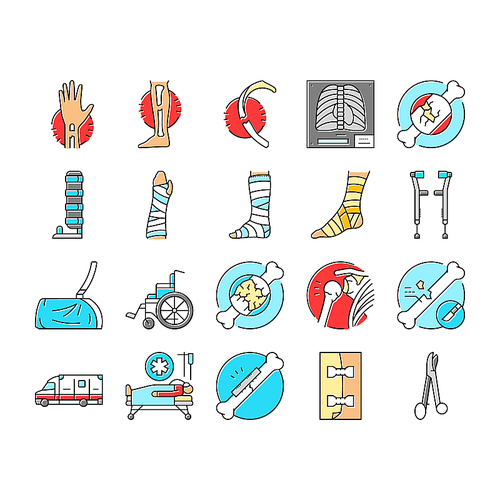 fracture injury bone break icons set vector. trauma healing, cast pain, recovery splint, orthopedic x ray, dislocation fracture injury bone break color line illustrations