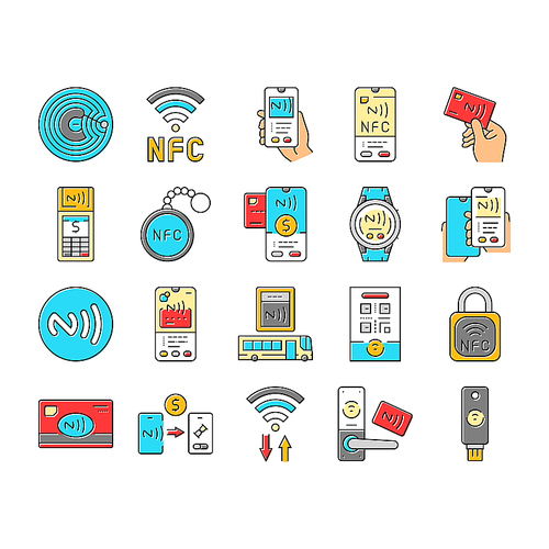 nfc technology contactless icons set vector. payment communication, proximity wireless, data transfer, chip tag, reader nfc technology contactless color line illustrations