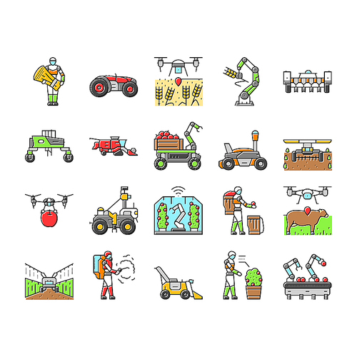 robot harvests automation icons set vector. agriculture technology, innovation efficiency, sustainability precision, ai robot harvests automation color line illustrations