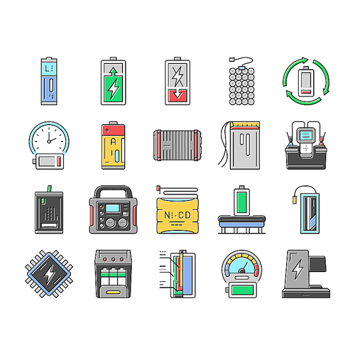 battery technology power electric icons set vector. energy charger, lithium charge, recharge cell, green ion, fuel, hybrid vehicle battery technology power electric color line illustrations