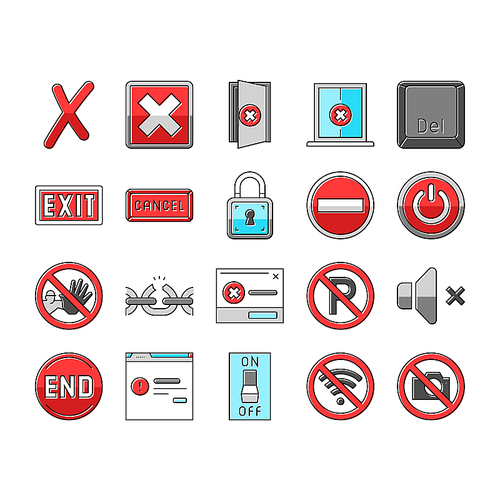 close door store shop board icons set vector. business hanging, mark cancel, office delete, x sorry, exit, check, button, time close door store shop board color line illustrations