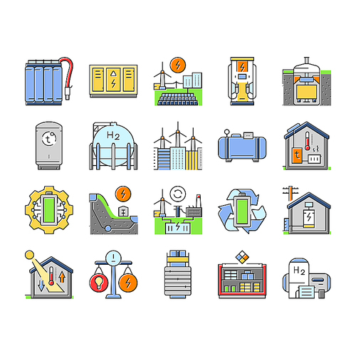 energy storage power system icons set vector. grid lithium, ion electric, photovoltaic wind, green industry, technology, smart energy storage power system color line illustrations