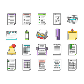 list check document tick icons set vector. checklist clipboard, mark form test report, board note paper notebook questionnaire list check document tick color line illustrations