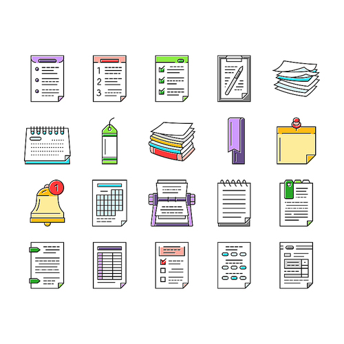 list check document tick icons set vector. checklist clipboard, mark form test report, board note paper notebook questionnaire list check document tick color line illustrations