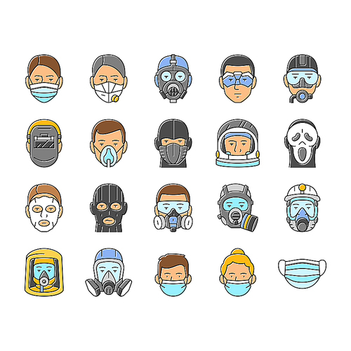 mask virus face safety icons set vector. health medical, surgical doctor, coronavirus, worker care, equipment, flu filter mask virus face safety color line illustrations