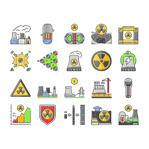 nuclear energy power plant icons set vector. station reactor, station atomic, industry radioactive, tower factory pollution nuclear energy power plant color line illustrations