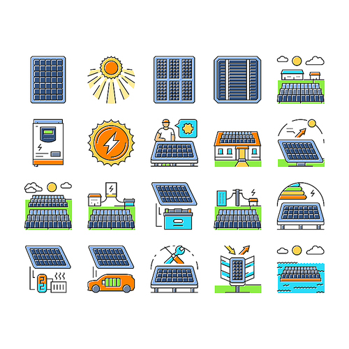 solar panels energy sun icons set vector. power cell, technology photovoltaic, green sky, renewable, system field solar panels energy sun color line illustrations