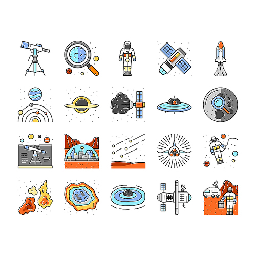 space exploration planet icons set vector. astronaut science, universe future, galaxy sky, technology, cosmos earth astronomy space exploration planet color line illustrations