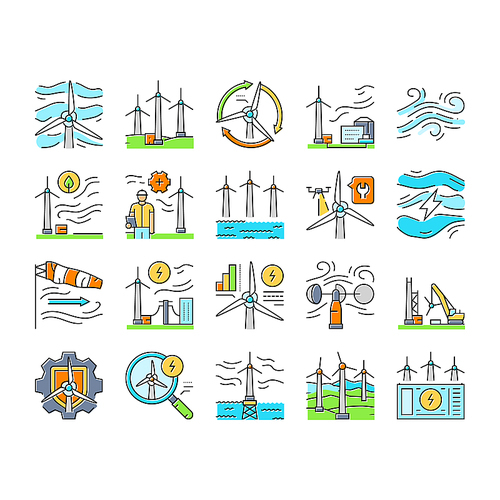 wind turbine power energy farm icons set vector. electric environment, generator industry, sustainable green, renewable turbine, mill wind turbine power energy farm color line illustrations