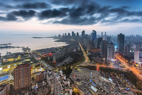 night scene,scenery,canon,qingdao,Downtown,Travel,building,construction,The city,Business,traffic,The office,twilight,At night,In the air,Hyundai,The sky,The road,Expressway,No one.