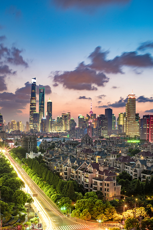 shanghai,Creative,wide angle,construction,The city,Long exposure,nikon,I love climbing up the stairs,building,The sky,No one,Sunset,twilight,Small town,At night,outdoors,traffic,high building,Hyundai,street