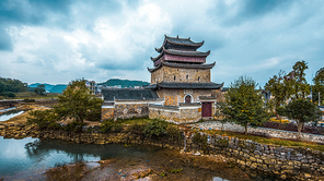 scenery,wide angle,construction,nikon,waters,It's ancient,old,building,temple,outdoors,Traditional,paladin,Religion,lake,culture,The river,landscape,tree,Tourism,Nature.