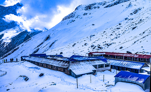 A helicopter flight from Bokhara Airport is about 30 minutes from Annapur's base camp, overlooking the Annapuria mountains. Photo shows Anna Pune's base camp.