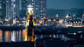 night scene,aerial photograph,scenery,The city,dalian,color,building,Sanctuary,skyline,skyscraper,The river,twilight,At night,The sky,reflex,Sunset,ship,seaside,Business,The bridge,