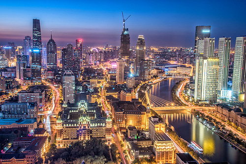 night scene,wide angle,construction,nikon,tianjin,Downtown,The city,building,Travel,high building,The office,At night,Hyundai,Lighted,Business,traffic,Financial,eyesight,The sky,