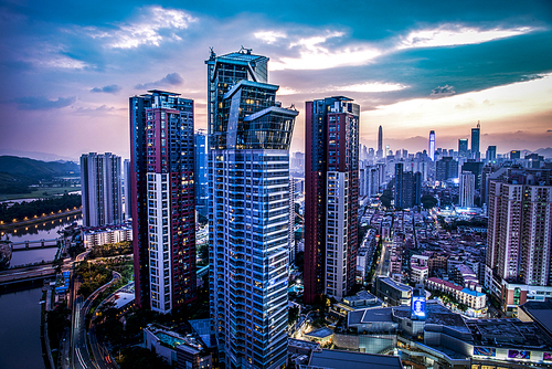 construction,The city,color,shenzhen,Downtown,twilight,building,Business,The office,Hyundai,Travel,high building,finance,At night,The sky,Tall,Scene,Lighted.