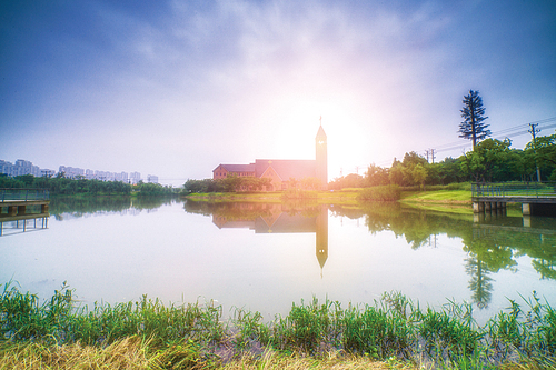 The church,scenery,backlight,superwide angle,wuxi,huazhuang,landscape,pond,summertime,Travel,tree,The sky,dawn,lawn,construction,mirror,The park,Environment,Daylight,