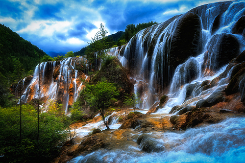 waterfall,scenery,Travel.,canon,jiuzhaigou,landscape,rock,ki,outdoors,flow,tree,cascades,shan,fall,beautiful sceneries,wet,sports,Leaf.,summertime