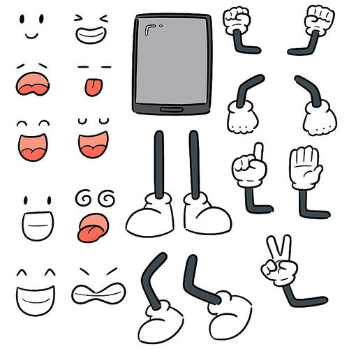 vector set of smart phone, cartoon arm,  leg, mouth and eyes