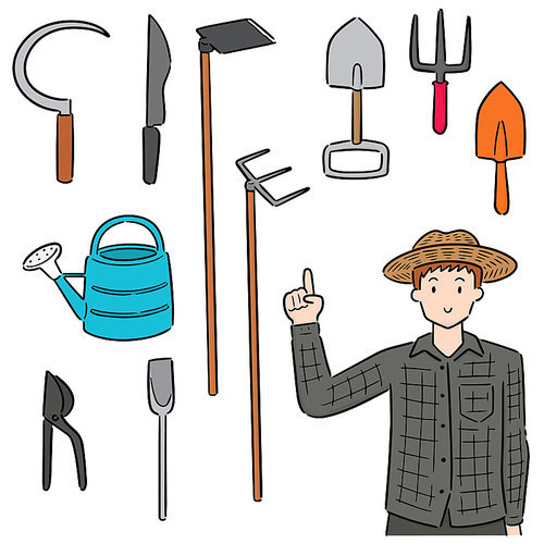 vector set of gardener and gardening equipment