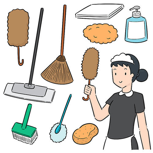 vector set of maid and cleaning equipment